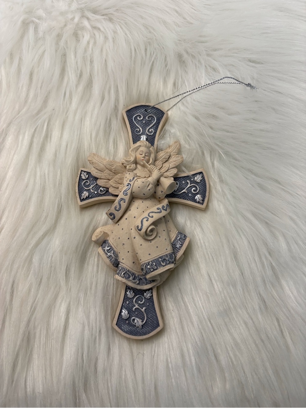 (194)Cream and Blue Angel Cross Ornament Sarahโs Angels